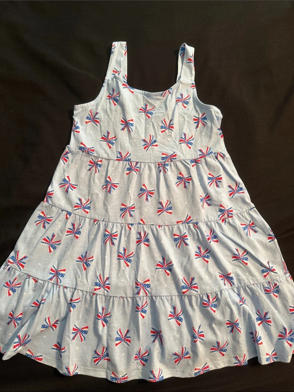 Tiered Light Blue Sundress with Red & Navy Bow Print